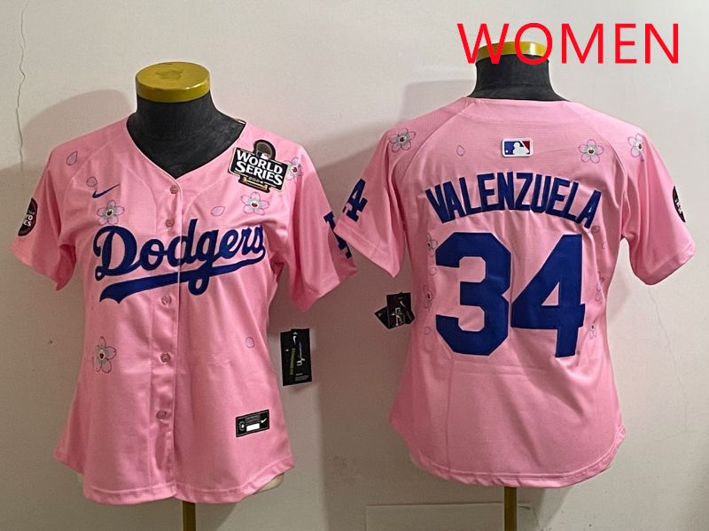 Women Los Angeles Dodgers #34 Valenzuela Pink Sakura Edition 2025 Nike MLB Jersey style 36